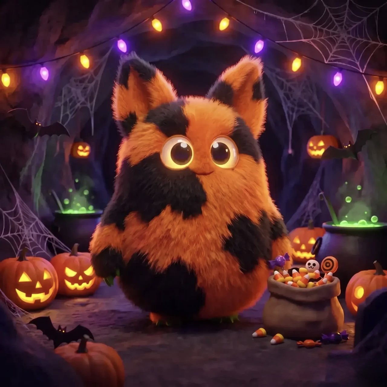 KUMO, a round, fluffy orange-and-black creature with glowing amber eyes, standing in a cave strung with purple and orange lights, surrounded by cobwebs, jack-o'-lanterns, bats, bubbling green cauldrons and a bag of candy.
